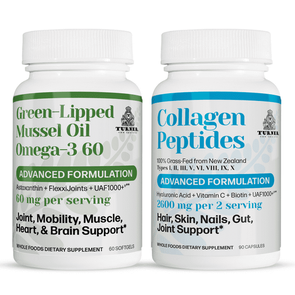 TURNER Green Lipped Mussel Oil Omega-3, Joint Comfort & Mobility, No Fishy Aftertaste, 1 Bottle, 60 Softgels plus 1 Bottle of Collagen Peptides
