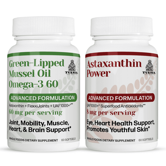 TURNER Green Lipped Mussel Oil Omega-3, Joint Comfort & Mobility, No Fishy Aftertaste, 1 Bottle, 60 Softgels plus 1 Bottle of Astaxanthin Power