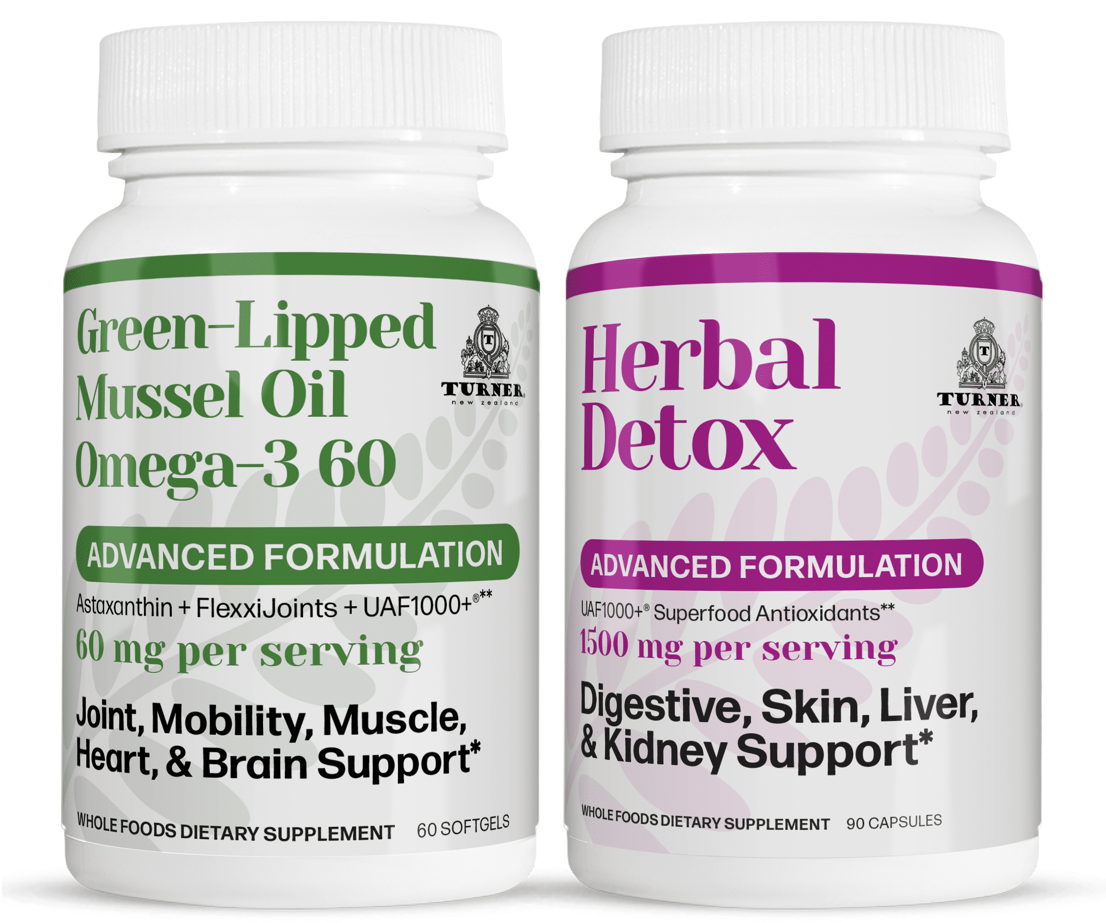 TURNER Green Lipped Mussel Oi Omega-3 , Joint Comfort & Mobility, No Fishy Aftertaste, 1 Bottle, 60 Softgels plus 1 Bottle of Herbal Detox