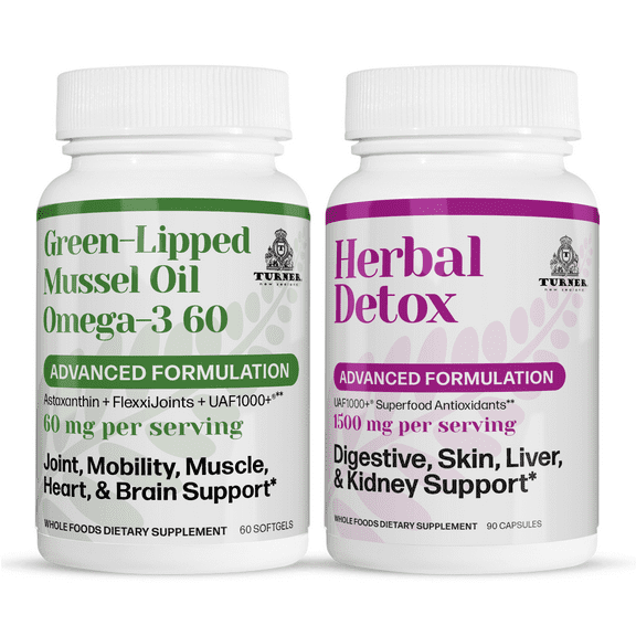 TURNER Green Lipped Mussel Oi Omega-3 , Joint Comfort & Mobility, No Fishy Aftertaste, 1 Bottle, 60 Softgels plus 1 Bottle of Herbal Detox