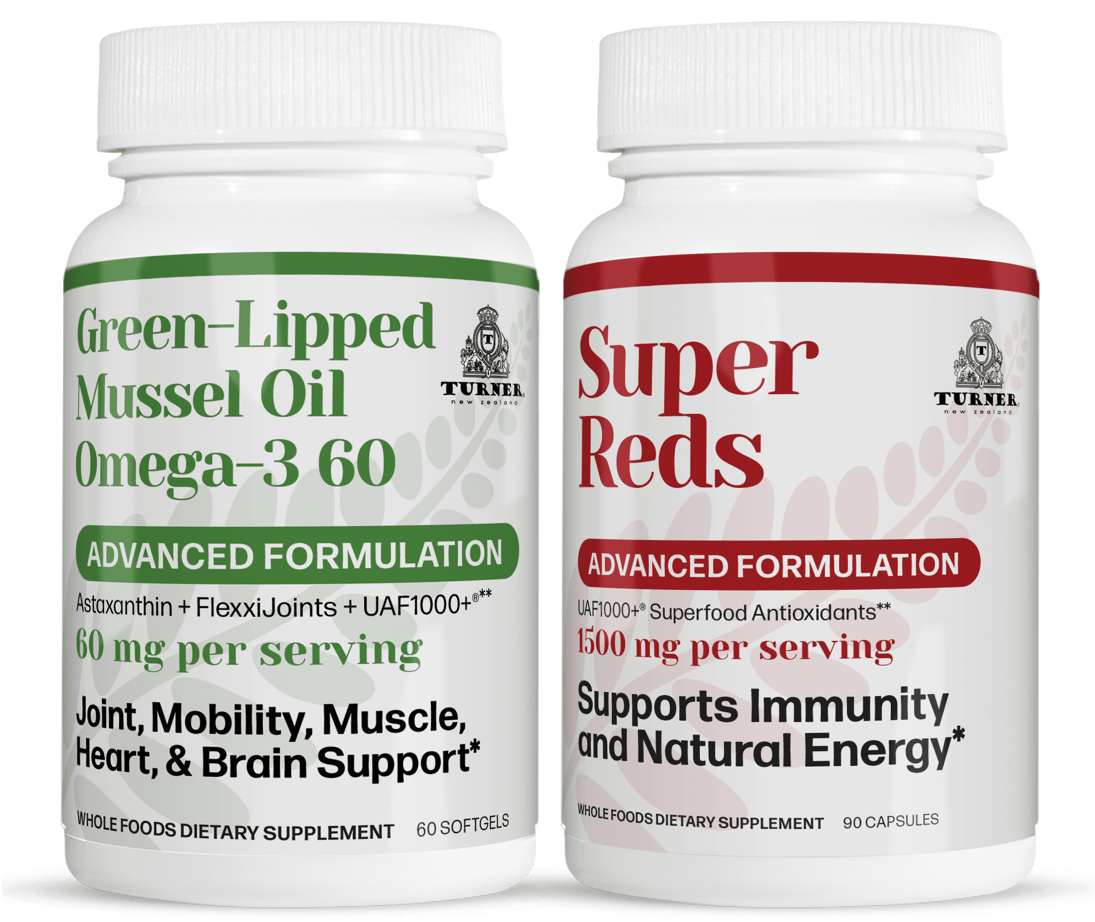TURNER Green Lipped Mussel Oil Omega-3, Joint Comfort & Mobility, No Fishy Aftertaste, 1 Bottle, 60 Softgels plus 1 Bottle of Super Reds