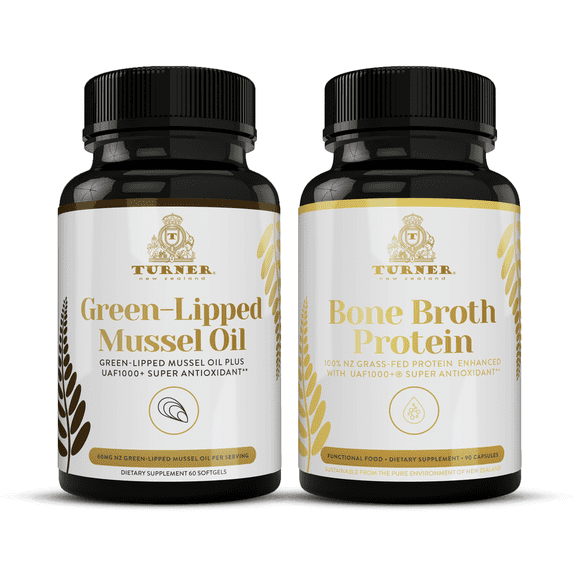 TURNER New Zealand OMEGA-3 Green Lipped Mussel Oil, 53x Higher potency for Superior Joint Comfort & Mobility, No Fishy Aftertaste, 1 Bottle, 60 Softgels plus 1 Bottle of Bone Broth Protein