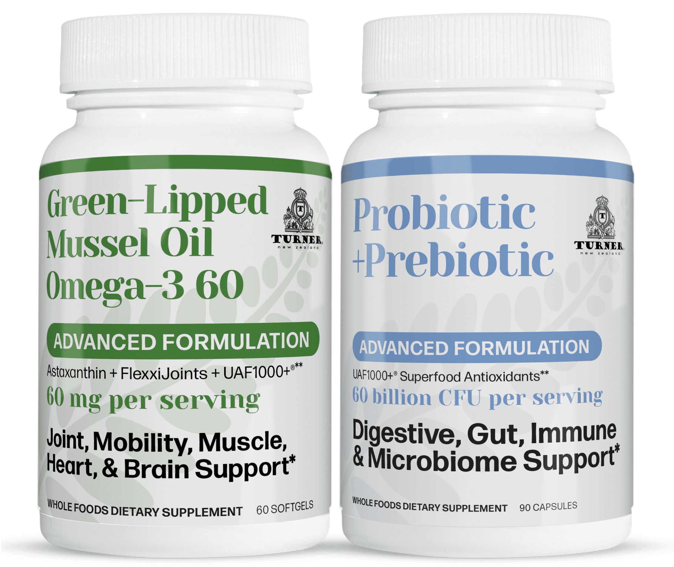 TURNER Green Lipped Mussel Oil Omega-3, Joint Comfort & Mobility, No Fishy Aftertaste, 1 Bottle, 60 Softgels plus 1 Bottle of Probiotic +Prebiotic