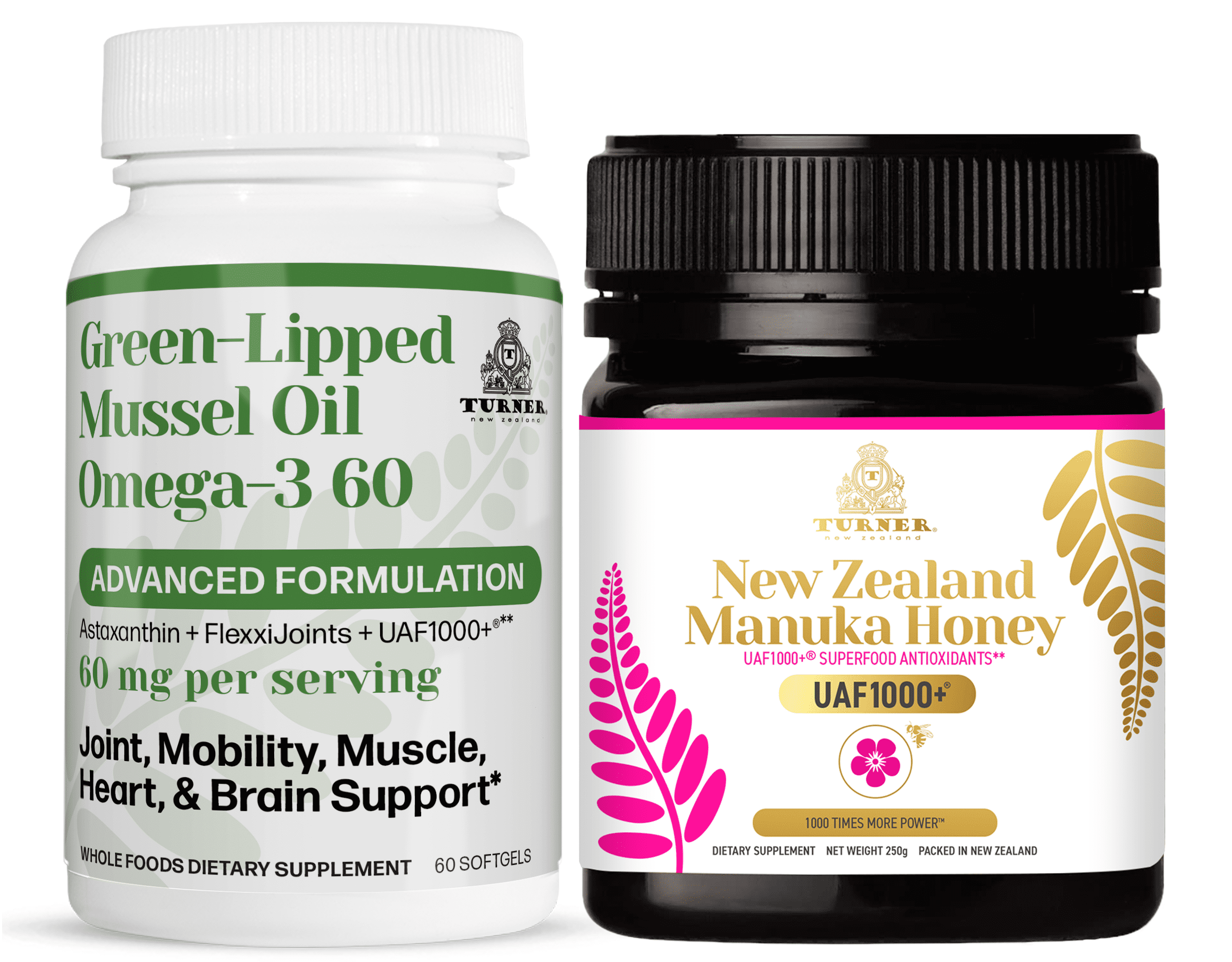 TURNER New Zealand OMEGA-3 Green Lipped Mussel Oil, 53x Higher potency for Superior Joint Comfort & Mobility, No Fishy Aftertaste, 1 Bottle, 60 Softgels plus 1 jar of Manuka Honey UAF1000+