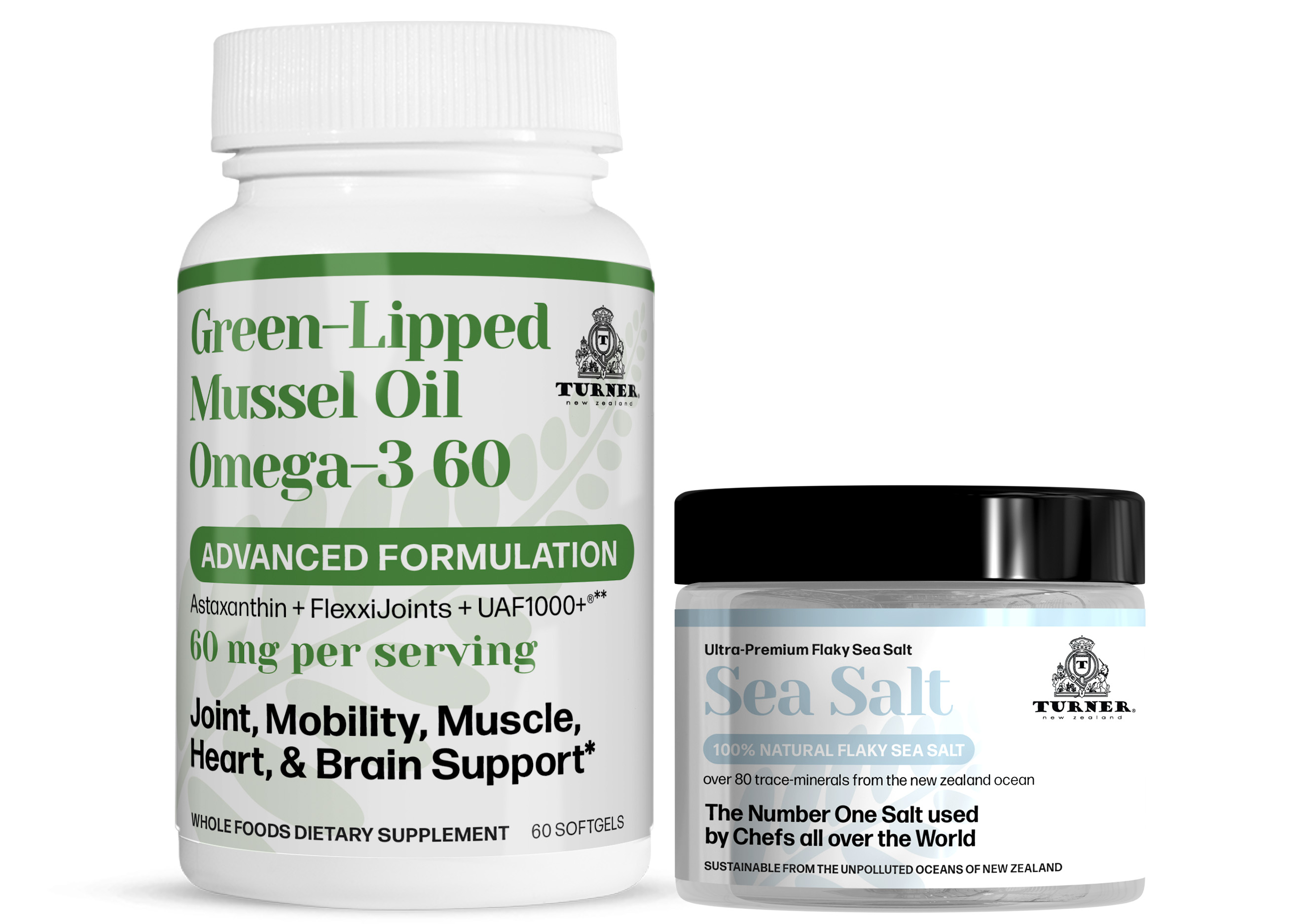 TURNER New Zealand OMEGA-3 Green Lipped Mussel Oil, 53x Higher potency for Superior Joint Comfort & Mobility, No Fishy Aftertaste, 1 Bottle, 60 Softgels plus 1 jar of Flaky Sea Salt