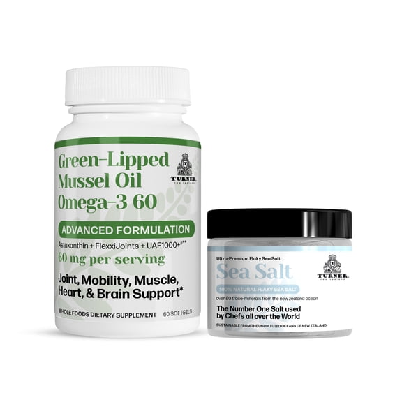 TURNER New Zealand OMEGA-3 Green Lipped Mussel Oil, 53x Higher potency for Superior Joint Comfort & Mobility, No Fishy Aftertaste, 1 Bottle, 60 Softgels plus 1 jar of Flaky Sea Salt