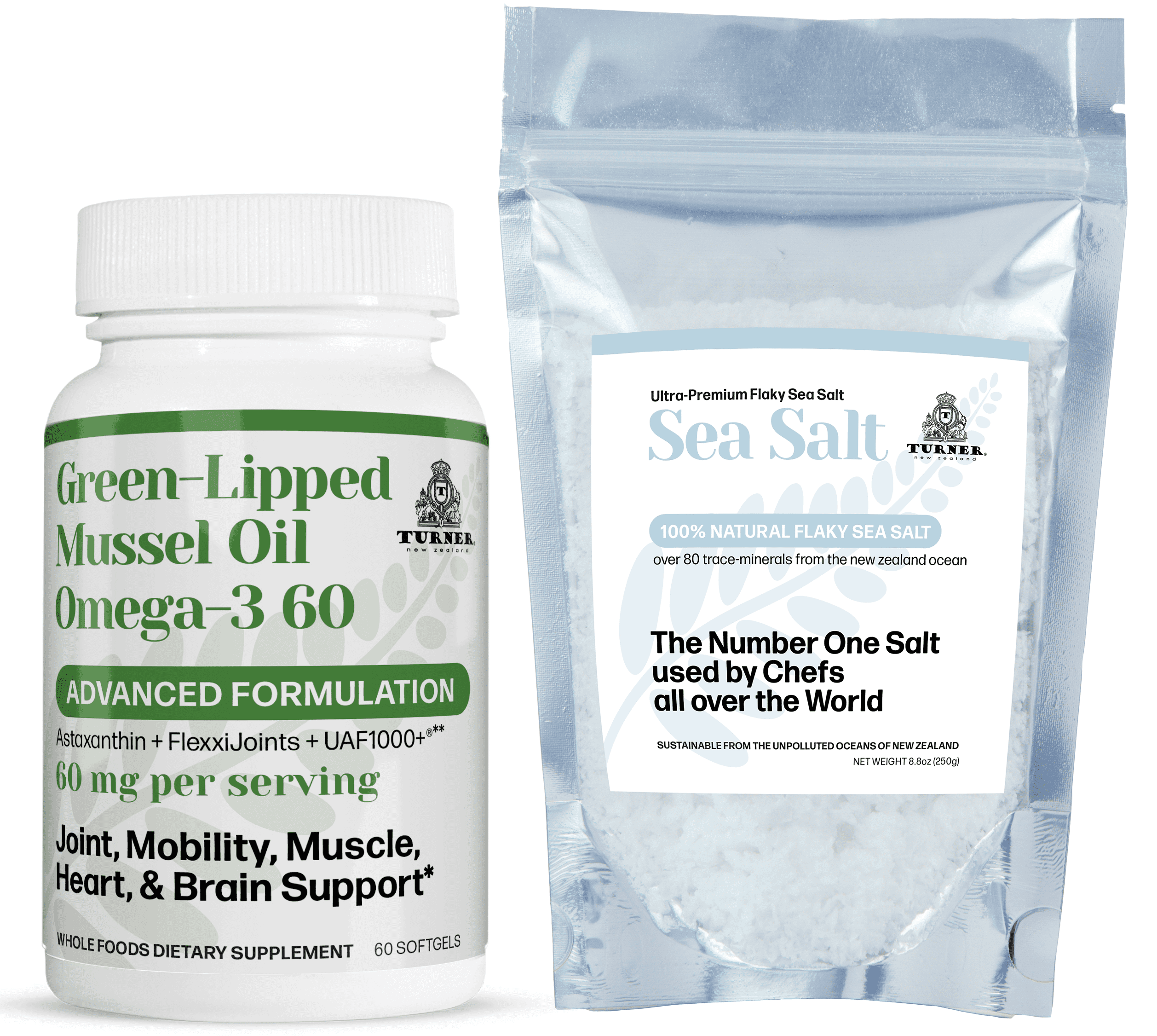 TURNER New Zealand OMEGA-3 Green Lipped Mussel Oil, 53x Higher potency for Superior Joint Comfort & Mobility, No Fishy Aftertaste, 1 Bottle, 60 Softgels plus 1 pouch of Flaky Sea Salt