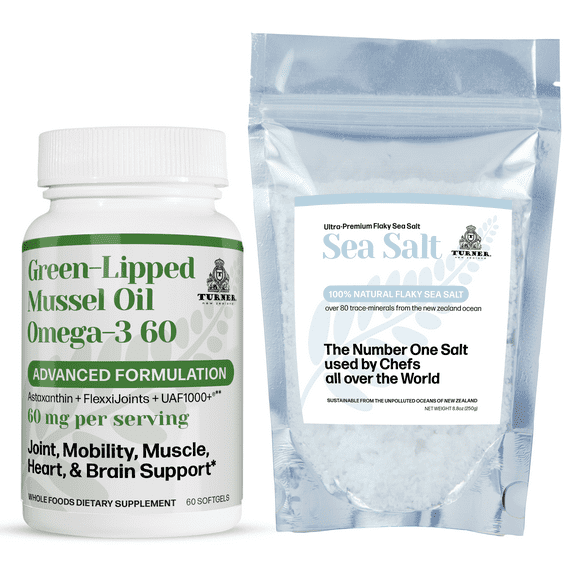 TURNER New Zealand OMEGA-3 Green Lipped Mussel Oil, 53x Higher potency for Superior Joint Comfort & Mobility, No Fishy Aftertaste, 1 Bottle, 60 Softgels plus 1 pouch of Flaky Sea Salt