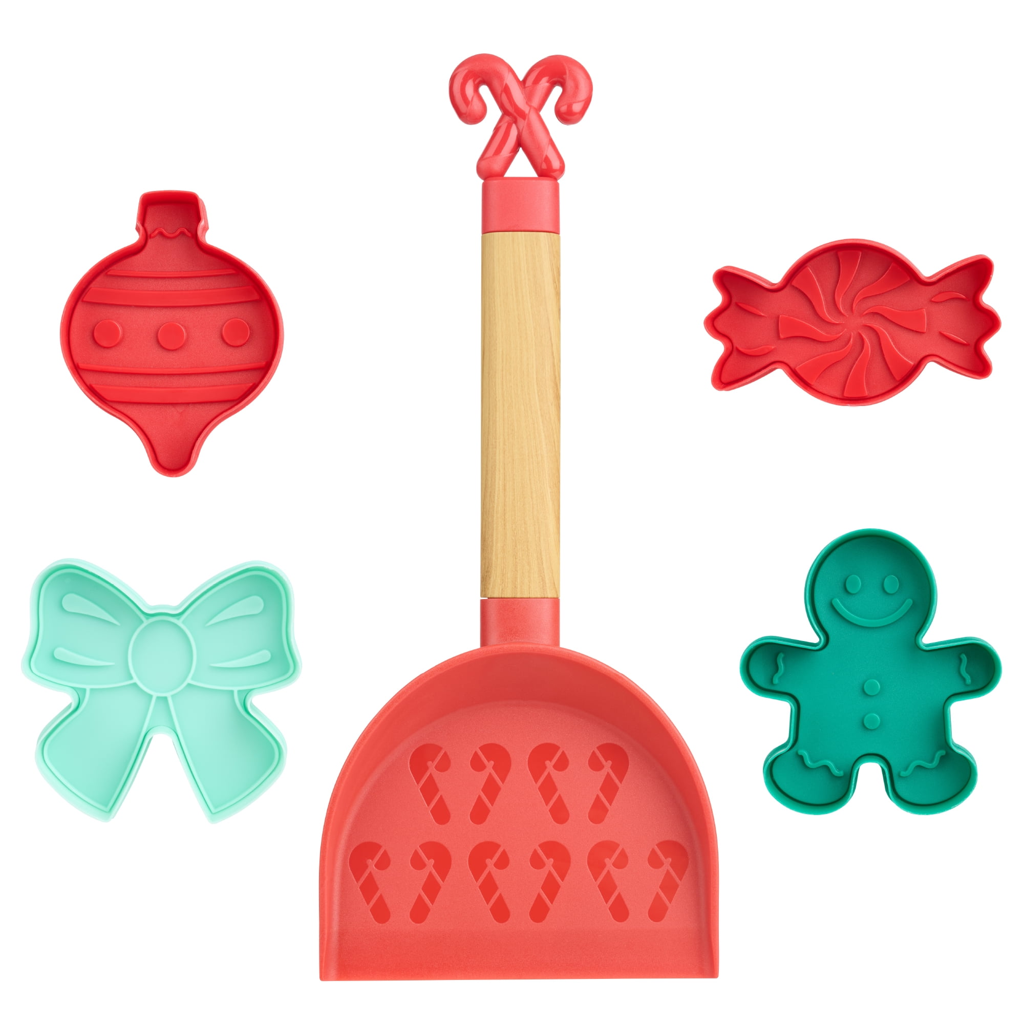 Holiday Time Cookie Turner with 4 Cookie Cutters with Stamps. Red, Green, Pink and Blue
