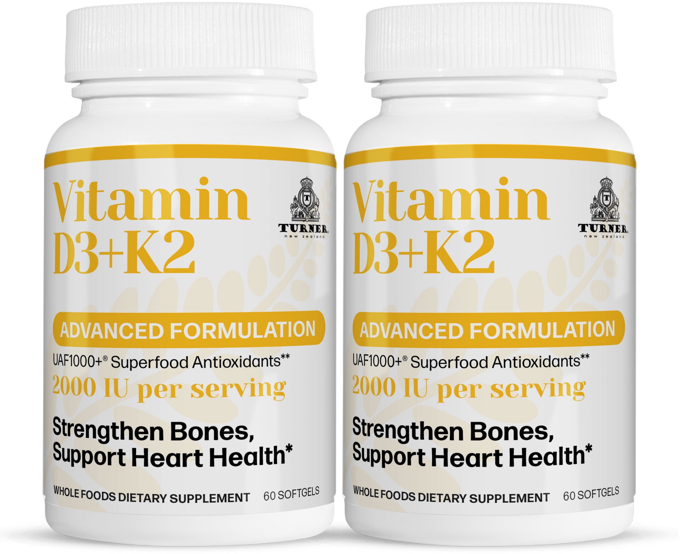 TURNER Vitamin D3 and K2 2000IU, Pure Sheep Wool Antioxidant 120 Capsules, 2 Bottles