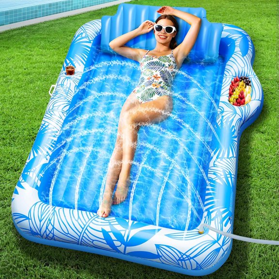 TURNMEON Inflatable Tanning Pool Lounger Float with Sprinkler, 78"x50" Large 2-Person Pool Float Adults with Backrest Cup & Food Holder Blow Up Tanning Bed for Summer Pool Beach Party (Pink/Blue)