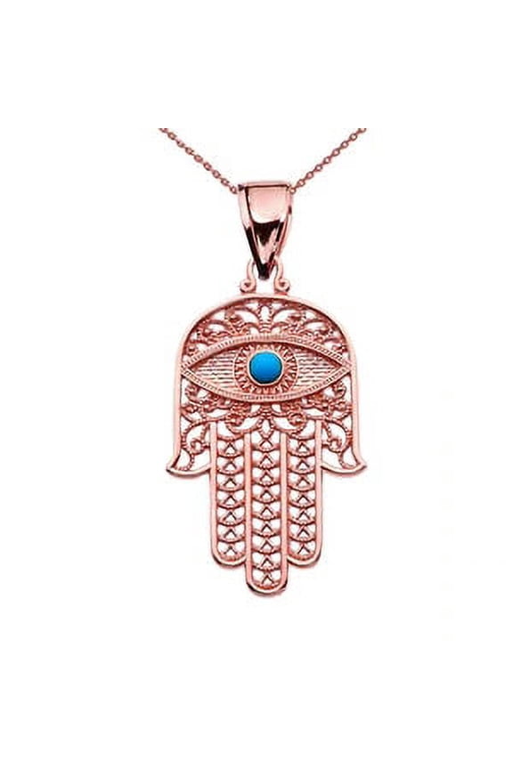 TURQUOISE EVIL EYE HAMSA HAND ROSE GOLD PENDANT NECKLACE : 14K Pendant with 22" chain