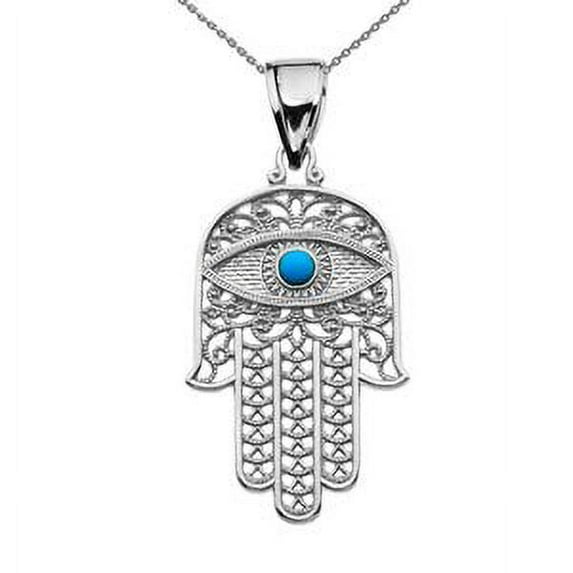 TURQUOISE EVIL EYE HAMSA HAND WHITE GOLD PENDANT NECKLACE : 14K Pendant with 22" chain