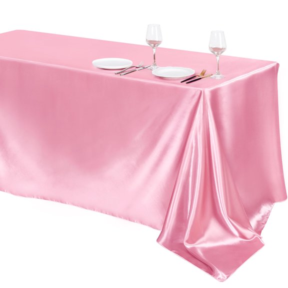 TURSTIN 1 Pack Pink Satin Tablecloth 102 x 58 Inch Overlay Satin Table Cover Rectangle Bright Silk Tablecloth Smooth Fabric Table Decoration for Wedding Banquet Party Events