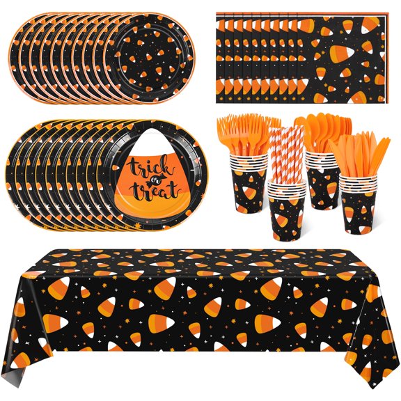 TURSTIN 193 Pieces Halloween Candy Corn Party Tableware Set Serves 24 Trick or Treat Paper Plates Candy Corn Tablecloth Napkins Cups Plastic Knives Forks Spoons for Halloween Party Supplies