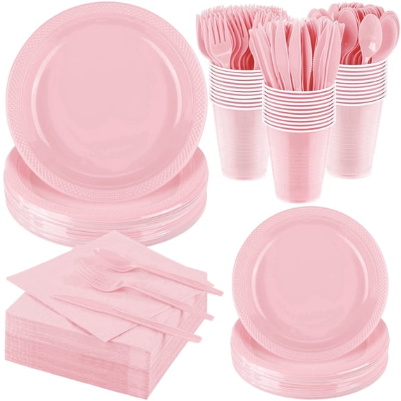TURSTIN 200 Pieces Light Pink Disposable Dinnerware Set Serves 25 Guests, 9 inch & 7 inch Plastic Plates 12oz Cups Napkins Cutlery for Wedding Birthday Graduation Party Tableware