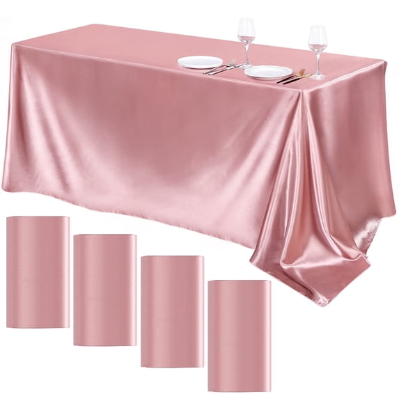 TURSTIN 4 Packs Satin Tablecloth 102 x 58 Inch Overlay Satin Table Cover Rectangle Bright Silk Tablecloth Smooth Fabric Table Decoration for Wedding Banquet Party Events, Rose Gold