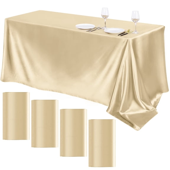 TURSTIN 4 Packs Satin Tablecloth 102 x 58 Inch Overlay Satin Table Cover Rectangle Bright Silk Tablecloth Smooth Fabric Table Decoration for Wedding Banquet Party Events, Champagne