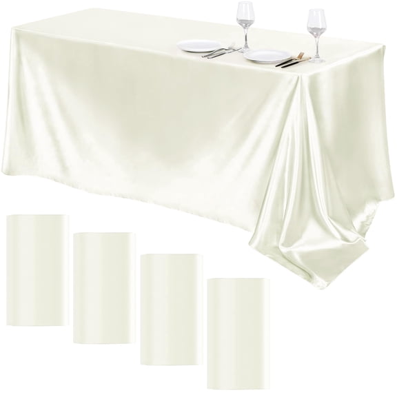 TURSTIN 4 Packs Ivory Satin Tablecloth 102 x 58 Inch Overlay Satin Table Cover Rectangle Bright Silk Tablecloth Smooth Fabric Table Decoration for Wedding Banquet Party Events