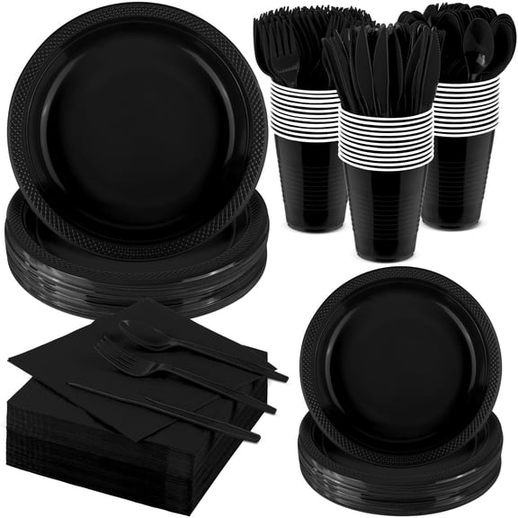 TURSTIN 400 Pieces Black Disposable Dinnerware Set Serves 50, Plastic Plates 12oz Cups Napkins Cutlery for Wedding Birthday Graduation Parties