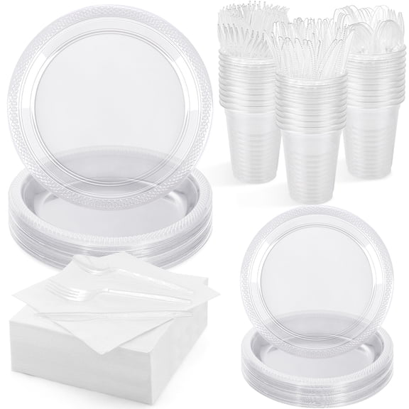 TURSTIN 400 Pieces Clear Disposable Dinnerware Set Serves 50, Plastic Plates 12oz Cups Napkins Cutlery for Wedding Birthday Graduation Parties