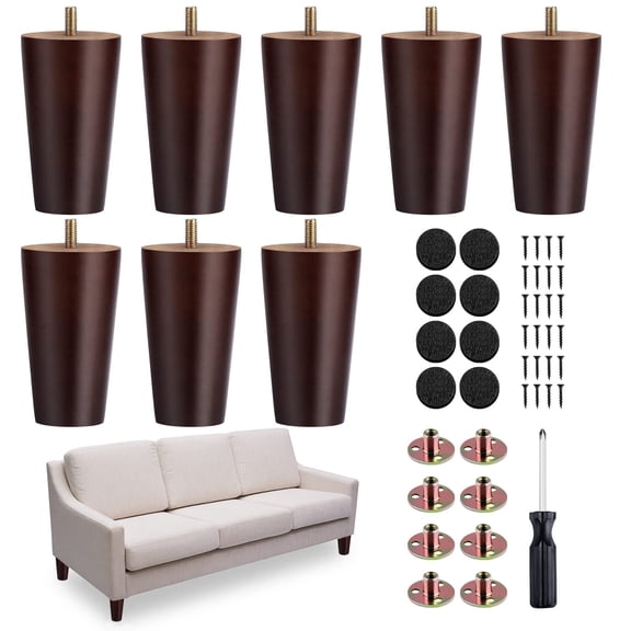 TURSTIN 8 Pack 4 inch Round Solid Wood Furniture Legs, Mid Century Brown Replacement Sofa Feet for Armchair Cabinet Dresser Home DIY Projects