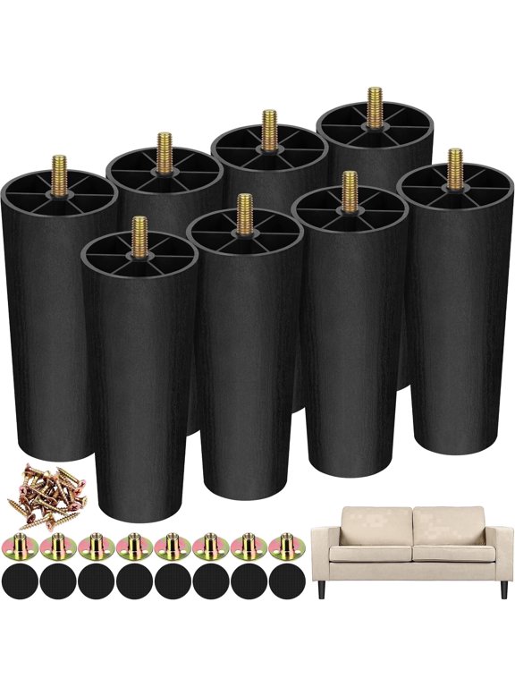 8 Pack 6 inch M8 T-nuts Screw On Couch Legs, Plastic Furniture legs for Sofa Dresser Cabinet Bed Coffee Table, Black