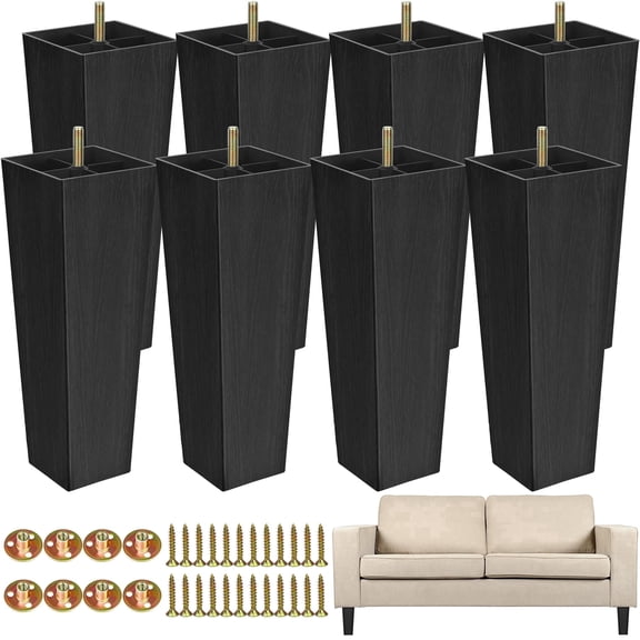 TURSTIN 8 Pieces 8 in Black High-Density Plastic Furniture Legs, Square Tapered Sofa Couch Feet with Screws T-Nuts for Cabinet Dresser Bed Chair DIY Replacement
