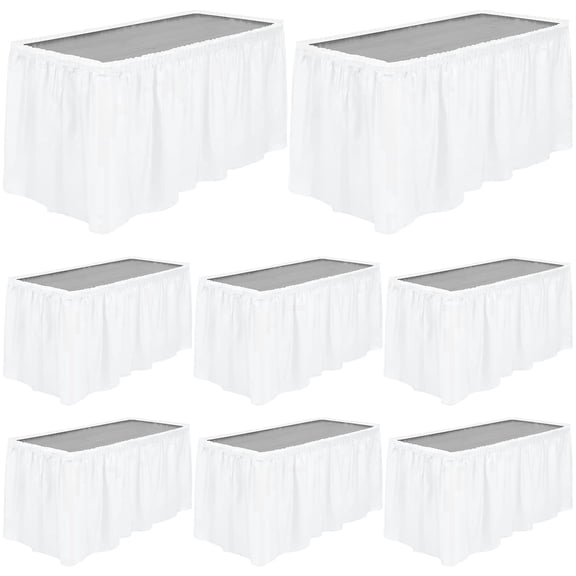 TURSTIN 8 Pieces 14 ft x 29 in White Disposable Plastic Table Skirts, Self-Adhesive Rectangle Table Cover