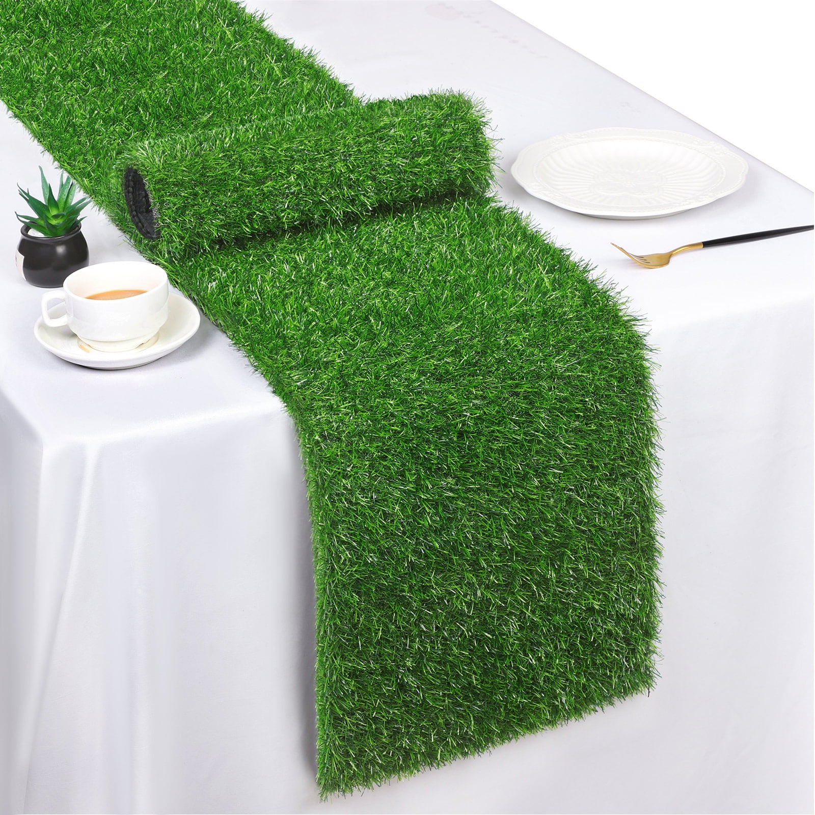 Hooqict Artificial Grass Table Runner 12 x 72 Inch Reusable Fake Grass Table