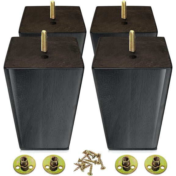 TURSTIN Set of 8 Furniture Legs 4 inch Square Solid Wood Couch Legs, Black Replacement Sofa Feet with Hardware for Armchair Bed Dresser Cabinet