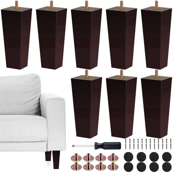 TURSTIN 8 Pack 6 inch Square Solid Wood Furniture Legs, Mid Century Brown Sofa Feet with Full Hardware for Couch Armchair Bed Dresser Cabinet