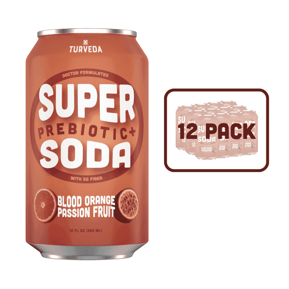 Turveda Super Soda Prebiotic+ Blood Orange Pop Soda, Modern Diet Soda , Sparkling Passion Fruit Drink, 12 pack, 12 fl oz