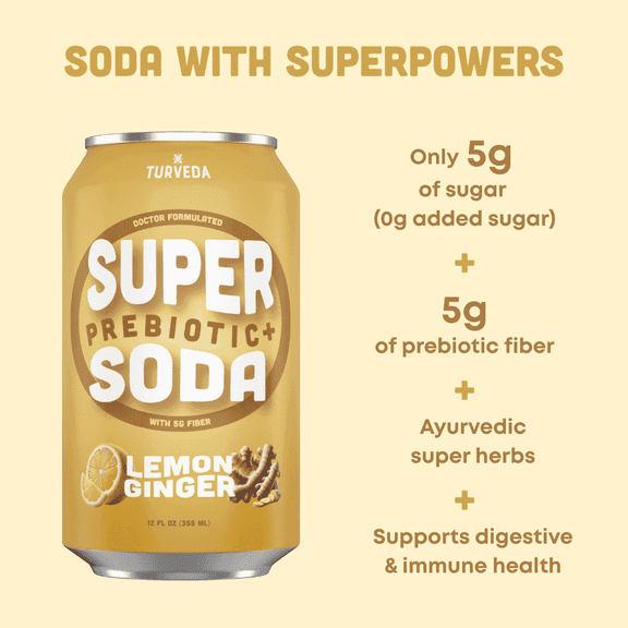 Turveda Super Prebiotic+ Lemon Ginger Pop Soda, Sparkling Drink, Modern Diet Soda 12 pack, 12 fl oz