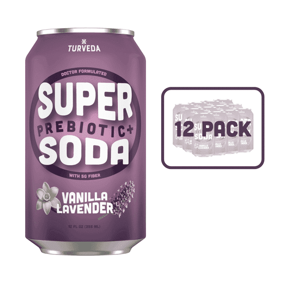 Turveda Super Soda Prebiotic+ Vanilla Modern Diet Soda, Sparkling Lavender Drink, Pop Soda ,12 Pack, 12 fl oz