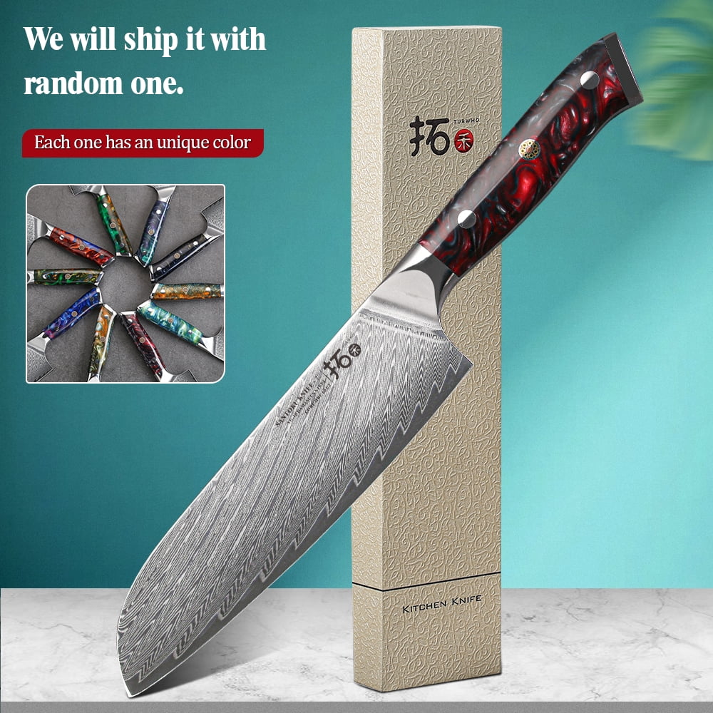 TURWHO 7inch Santoku Knife Japanese VG10 Damascus Steel Kitchen Cook Knife, Resin Handle