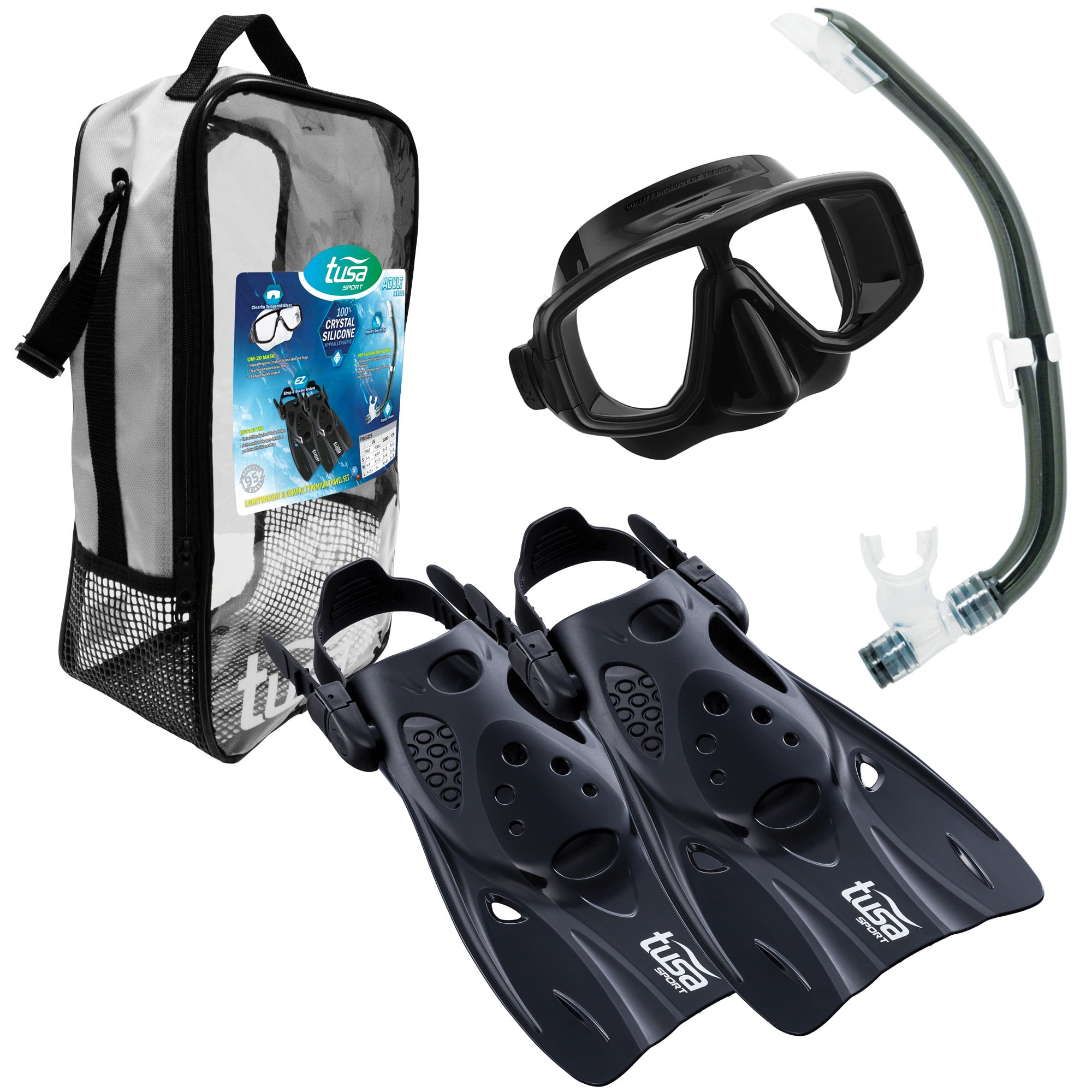 TUSA Sport Adult Platina Hyperdry Mask, Snorkel, & Fins Travel Set 
