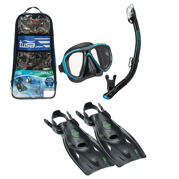 TUSA Sport Adult Powerview Mask, Dry Snorkel, and Fins Travel Set, Large, Black/Ocean Green