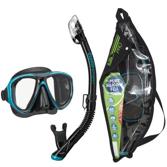 TUSA Sport Adult Powerview Mask and Dry Snorkel Combo, Black/Ocean Green