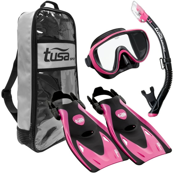 TUSA Sport Adult Serene Mask, Dry Snorkel, and Fins Travel Set, Black/Hot Pink, Medium