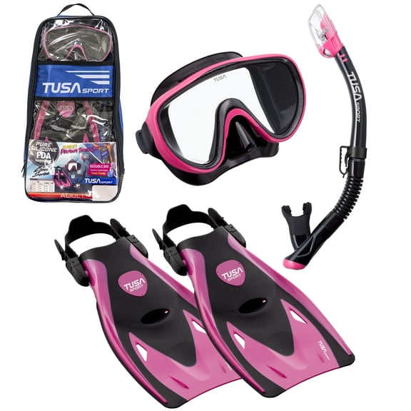TUSA Sport Adult Serene Mask, Dry Snorkel, and Fins Travel Set, Black/Hot Pink, Small