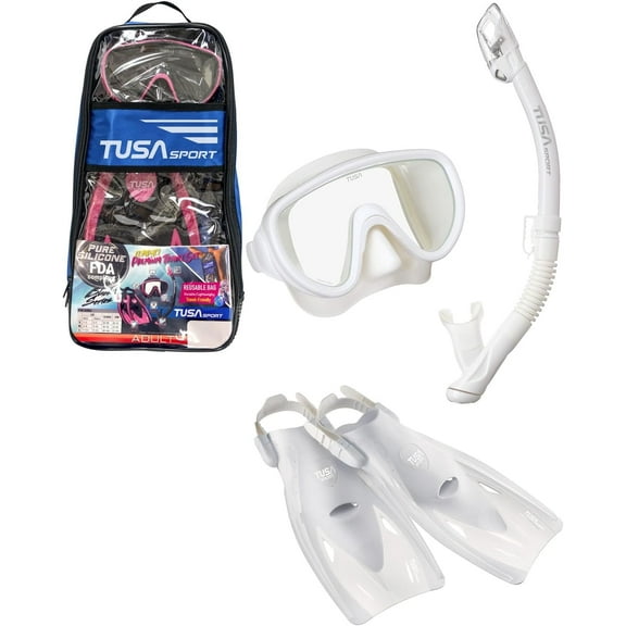 TUSA Sport Adult Serene Mask, Dry Snorkel, and Fins Travel Set, White/White, Medium