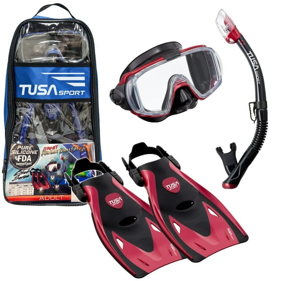 TUSA Sport Adult Visio Tri-Ex Mask, Dry Snorkel, and Fins Travel Set, Black/Metallic Dark Red, Large