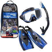 TUSA Sport Adult Visio Tri-Ex Mask, Dry Snorkel, and Fins Travel Set with Reusable Bag, Black/Metallic Blue, Large