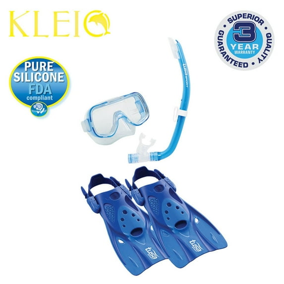 TUSA Sport Youth Mini-Kleio Hyperdry Mask, Snorkel, & Fins Travel Set, Blue, Medium