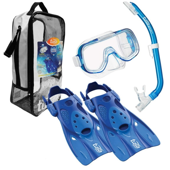 TUSA Sport Youth Mini-Kleio Hyperdry Mask, Snorkel, & Fins Travel Set, Clear Blue, Medium