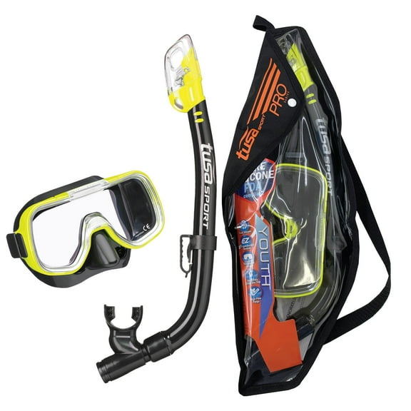 TUSA Sport Youth Mini-Kleio Mask and Dry Snorkel Combo, Black/Flash Yellow