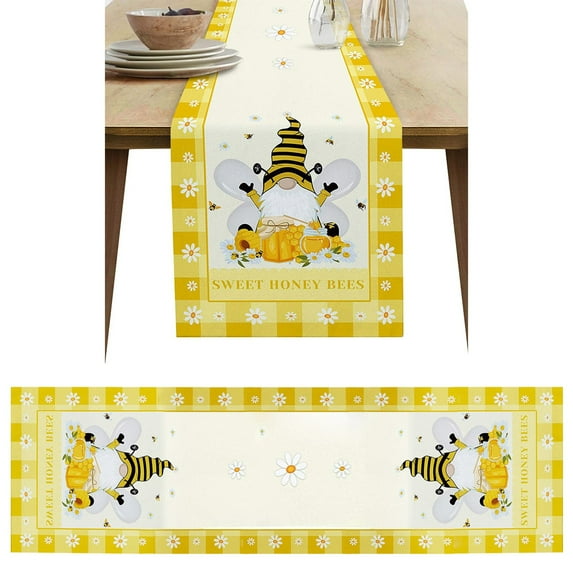 TUSANG 13x72inch Spring Daisies Flowers Seasonal Summer Linen Home Decor Tablecloth Table Flag, Yellow Bee Printed Tablecloth, Suitable for Restaurant, Coffee Table, Wedding Party, Home Decoration.