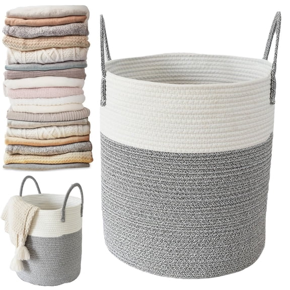 TUSANG Laundry Basket, Woven Hamper, Rope Laundry Basket, Rope Storage Bin for Blankets,Toys and Clothes, Decorative Large Woven Laundry Basket Hamper, 20x15inch/16X13.97inch