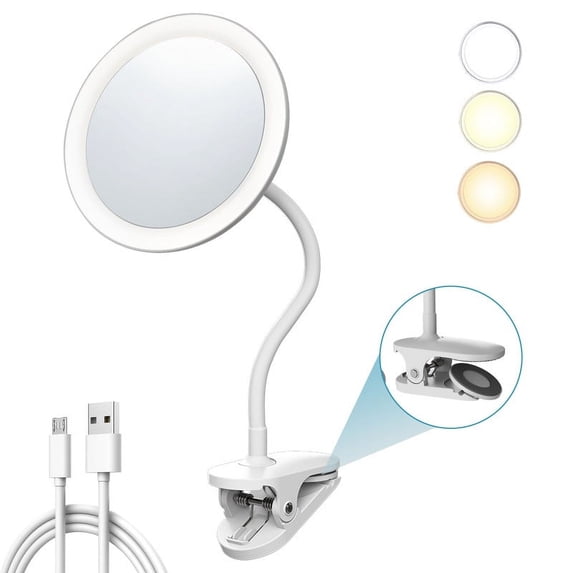 TUSHENGTU 6.5" Gooseneck LED Makeup Mirror, 5X Magnifying ,White Clip-on Mirror,USB Charging